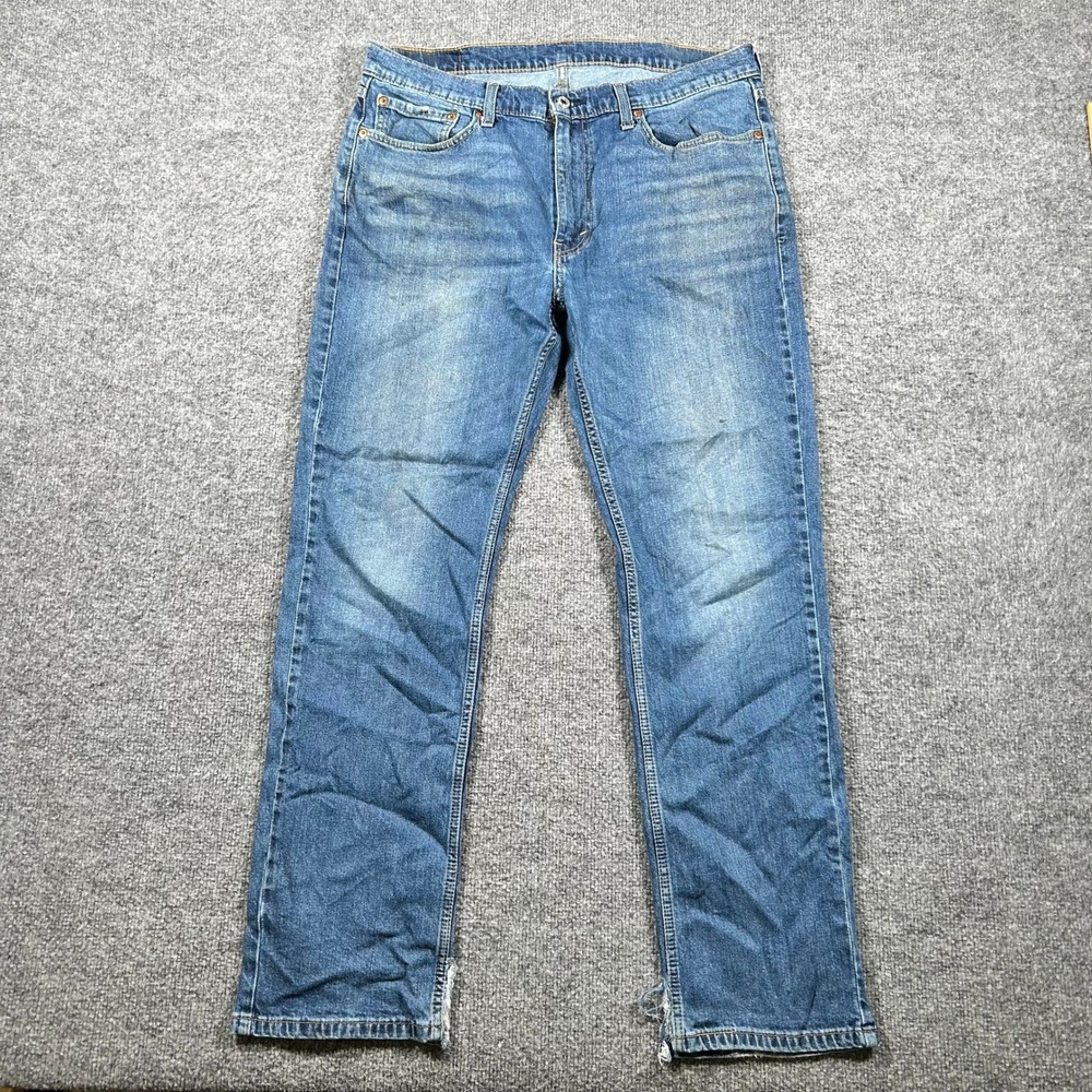 Levis Jeans Mens Size 36 Blue 514 Straight Fit Stretch Denim Distressed Hem